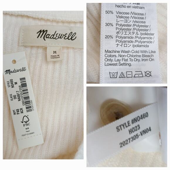 Madewell SZ M Boatneck Button Long-Sleeve Top Antique Cream NWT Super Soft $62 - Picture 8 of 8